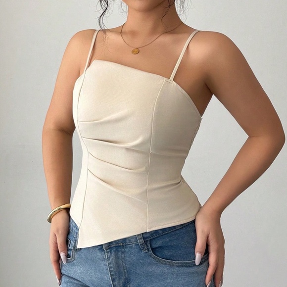 Solid Ruched Shirred Adjustable Straps Fitted Cami Top - Picture 4 of 4